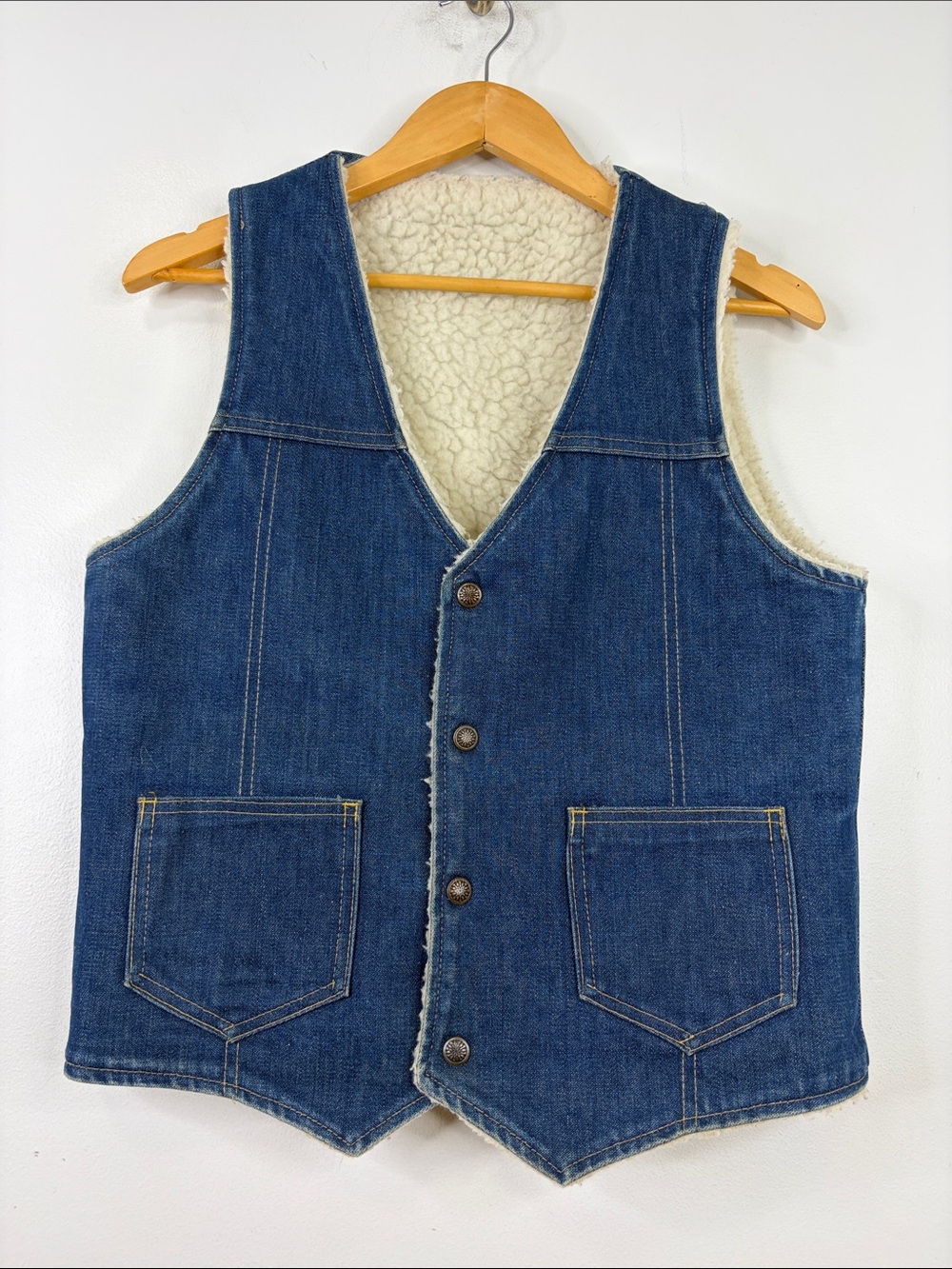Vintage Jean Vest Mens Small Dark Blue Denim Faux Shearling High Pile Fleece 80s